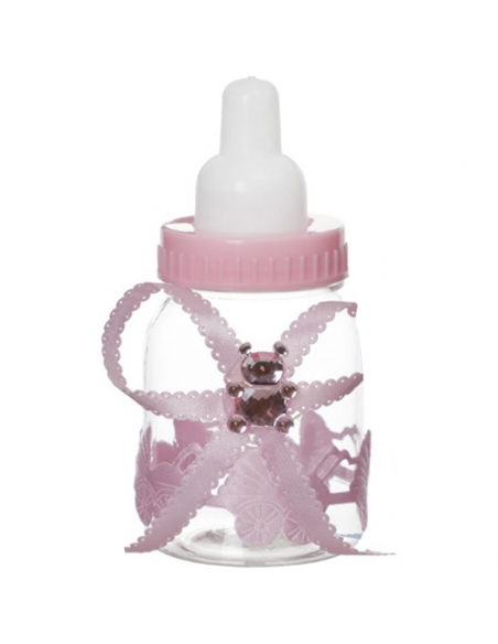 Marturie Botez Biberon roz cu ursulet acrilic si fundita 9cm