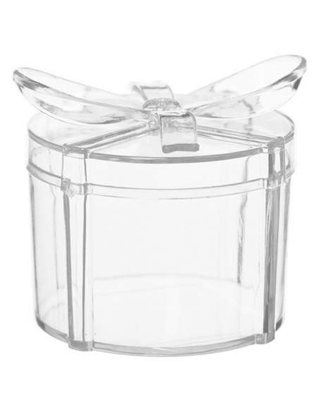 Cadou acrilic rotund transparent cu fundita, caseta 6cm