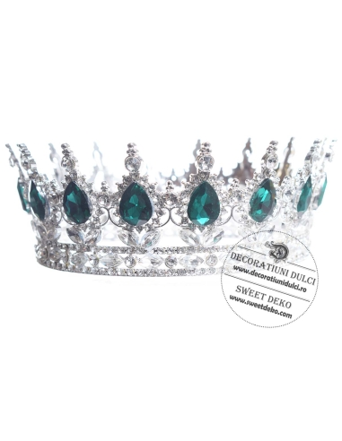 Topper coroana mare, argintie cu pietre verde smarald