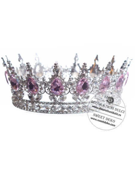 Coroana argintie cu pietre roz | Accesoriu pentru tort si petrecere