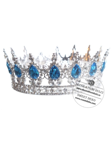 Coroana pentru decor tort | argintie cu pietre albastru safir