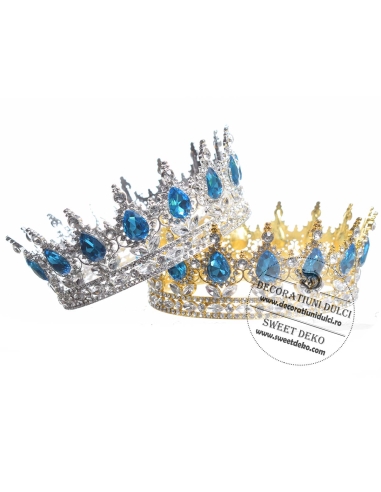 Coroana pentru decor tort | aurie cu pietre albastru safir