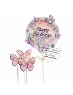 Topper Happy Birthday cu confetti si 3 fluturasi roz