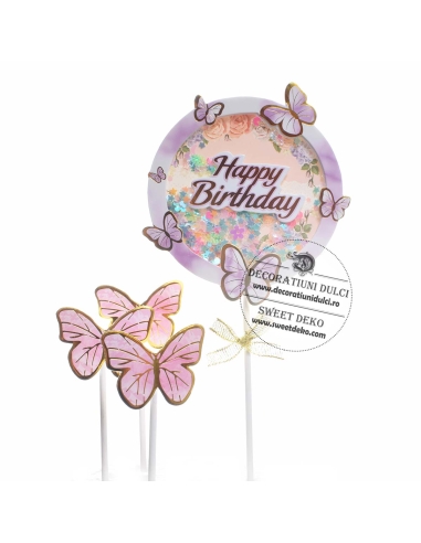 Topper Happy Birthday cu confetti si 3 fluturasi roz