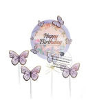 Topper Happy Birthday cu confetti si 3 fluturasi lila