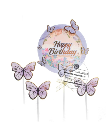 Topper Happy Birthday cu confetti si 3 fluturasi lila
