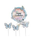 Set topper Happy Birthday cu confetti si 3 fluturasi albastri