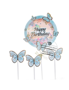 Set topper Happy Birthday cu confetti si 3 fluturasi albastri