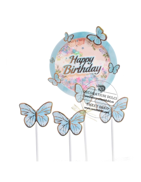 Set topper Happy Birthday cu confetti si 3 fluturasi albastri