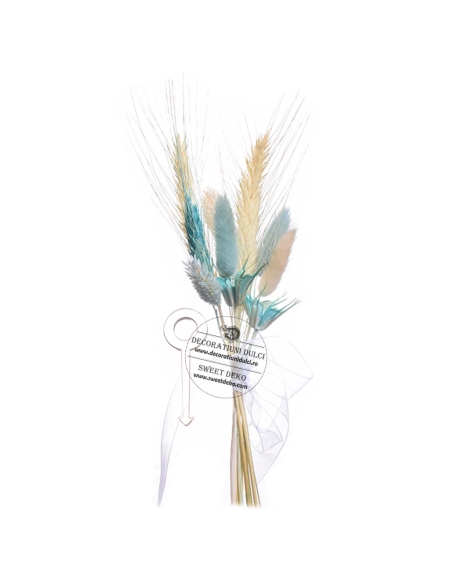 Buchetel flori uscate, nuante de bleu si agrafa tort