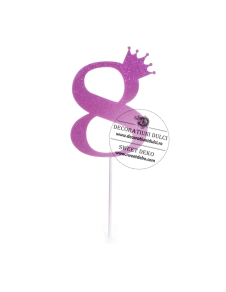 Topper din carton glitterat cifra 8 ciclame