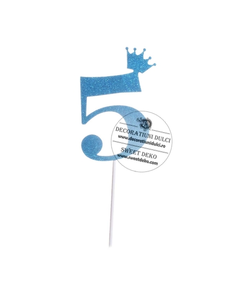 Topper din carton albatru glitterat cifra 5