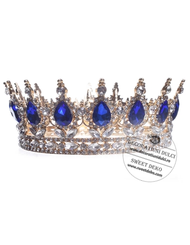 Coroana pentru decor tort | aurie cu pietre albastru safir