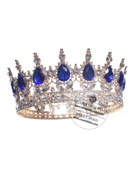 Coroana pentru decor tort | aurie cu pietre albastru safir