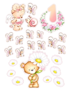 Ursuleti, fluturi roz si margarete | imagine comestibila pentru tort fetite