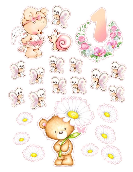 Ursuleti, fluturi roz si margarete | imagine comestibila pentru tort fetite