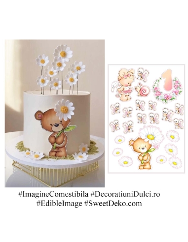 Ursuleti, fluturi roz si margarete | imagine comestibila pentru tort fetite