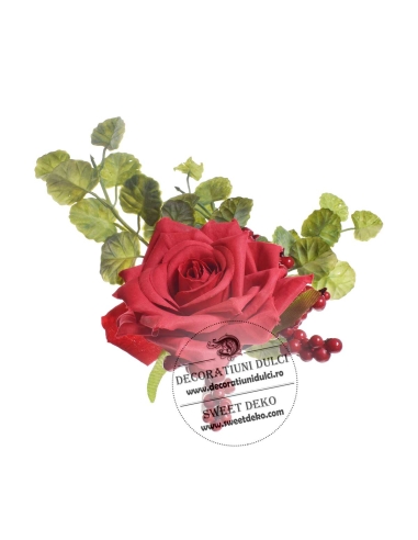 Topper trandafir cu bobite rosii si frunzulite de untisor