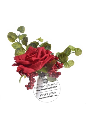 Topper trandafir cu bobite rosii si frunzulite de untisor