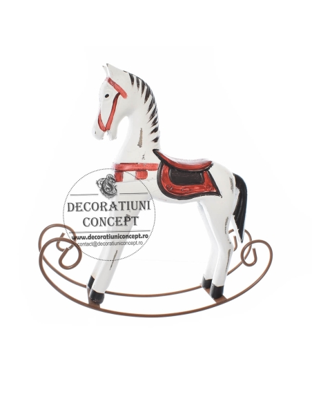 Decor din lemn cal balansoar decor alb rosu
