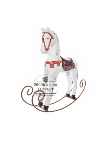 Decor din lemn cal balansoar decor alb rosu