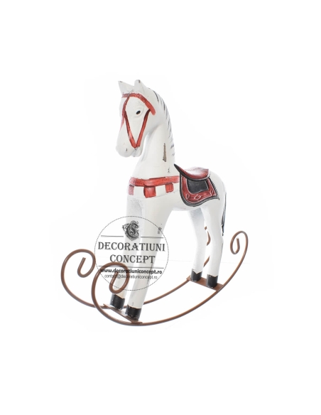 Decor din lemn cal balansoar decor alb rosu