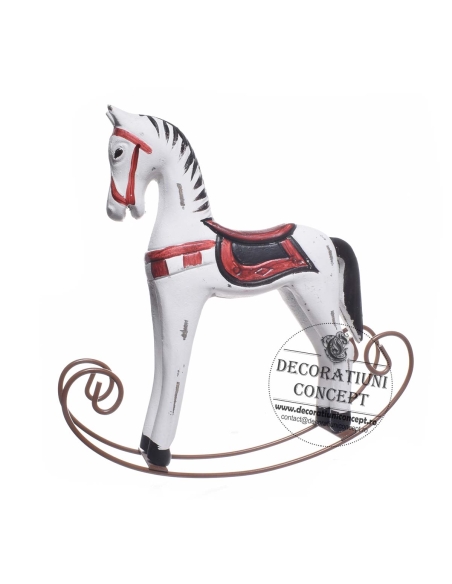 Decor din lemn cal balansoar decor alb rosu