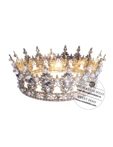 Coronita aurie cu pietre transparente si perlute