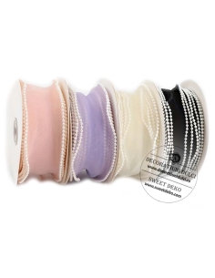 Panglica organza alb perlat cu margelute pe margine 2