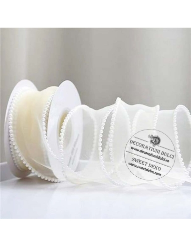 Panglica organza alb perlat cu margelute pe margine
