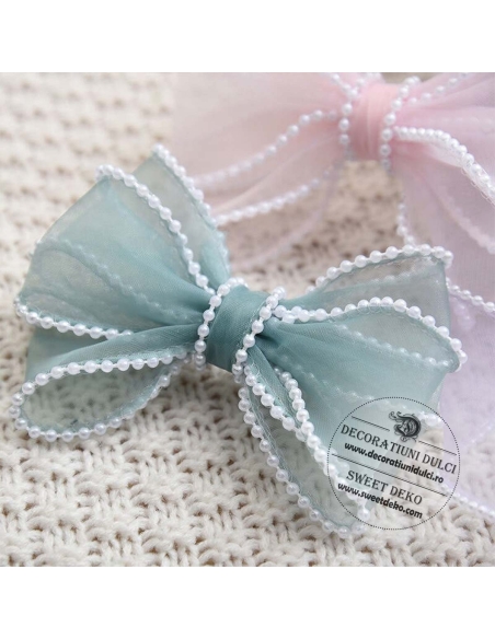 Panglica organza alb perlat cu margelute pe margine