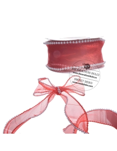 Panglica organza rosie cu margelute albe 2