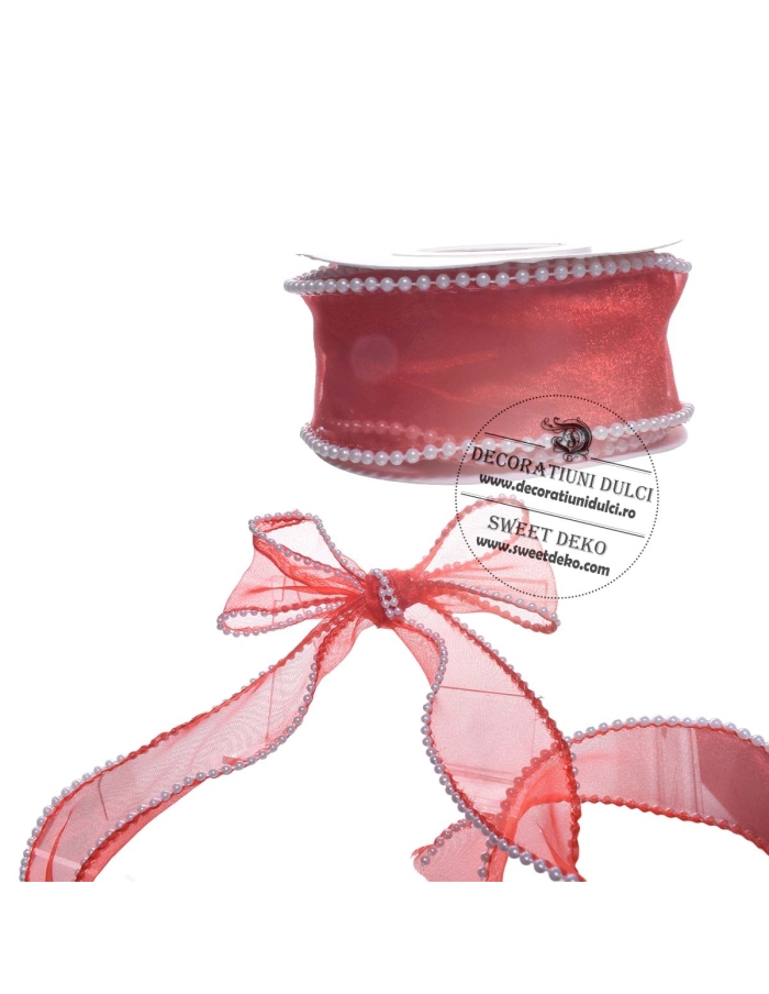 Panglica organza rosie cu margelute albe