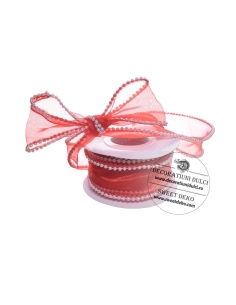 Panglica organza rosie cu margelute albe