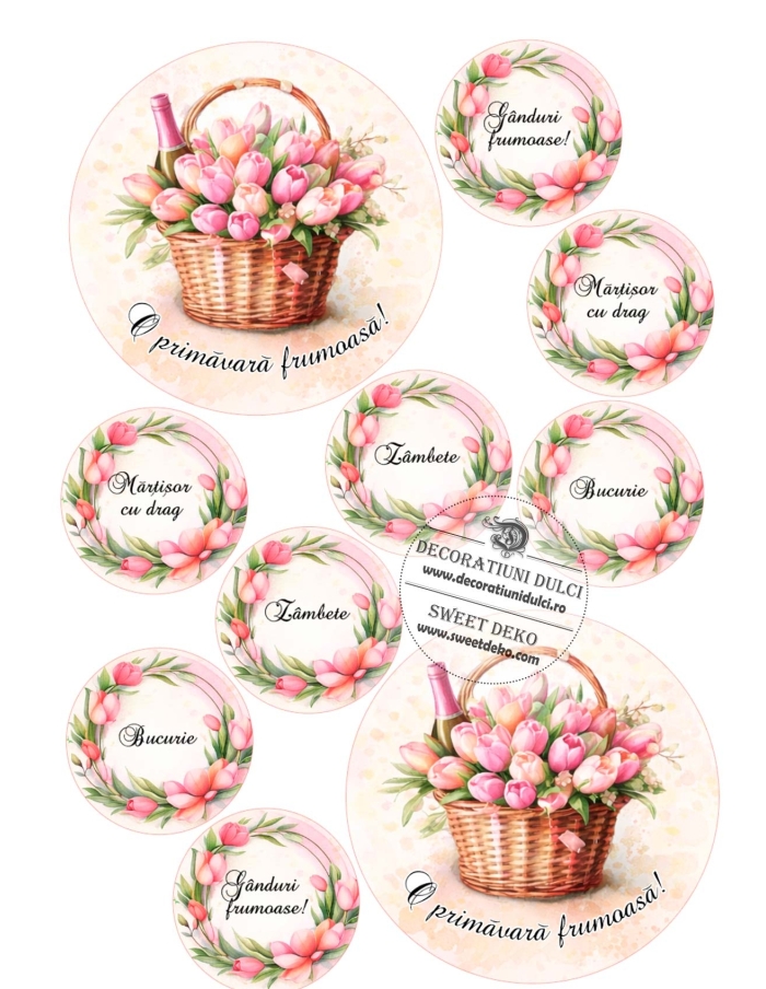 Mesaje de primavara cu lalele roz | decor pentru Bento Cake