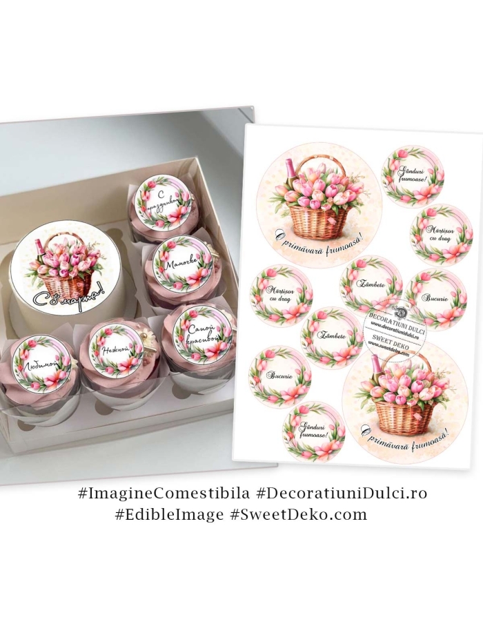 Mesaje de primavara cu lalele roz | decor pentru Bento Cake