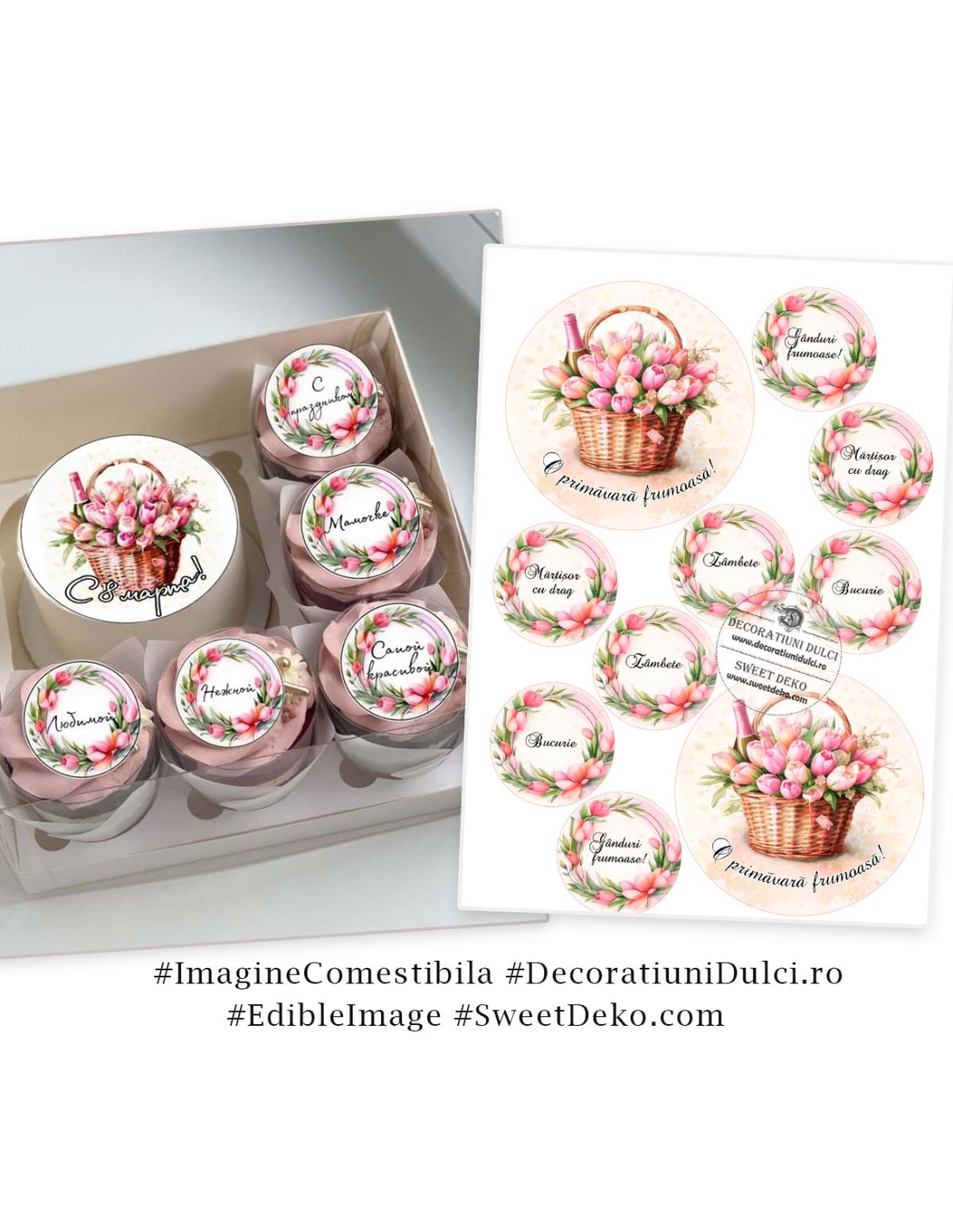 Mesaje de primavara cu lalele roz | decor pentru Bento Cake