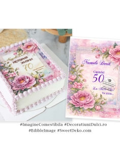 Coperta cartea vietii cu bujori roz | Imagine decor tort 2