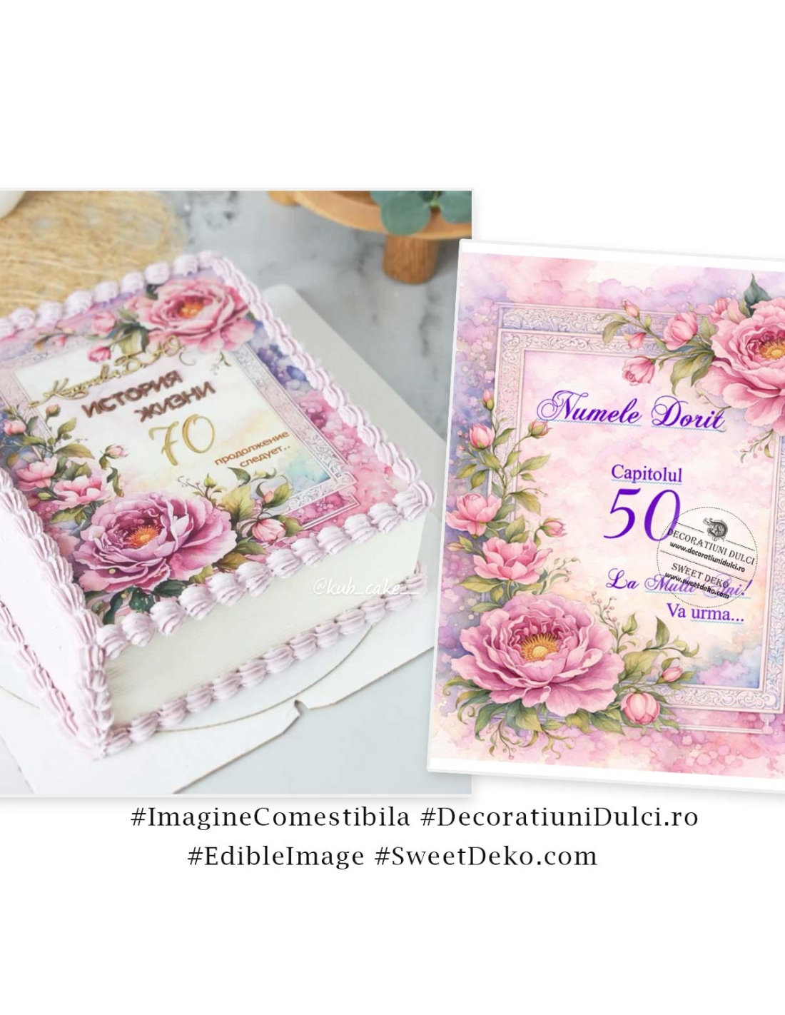 Coperta cartea vietii cu bujori roz | Imagine decor tort