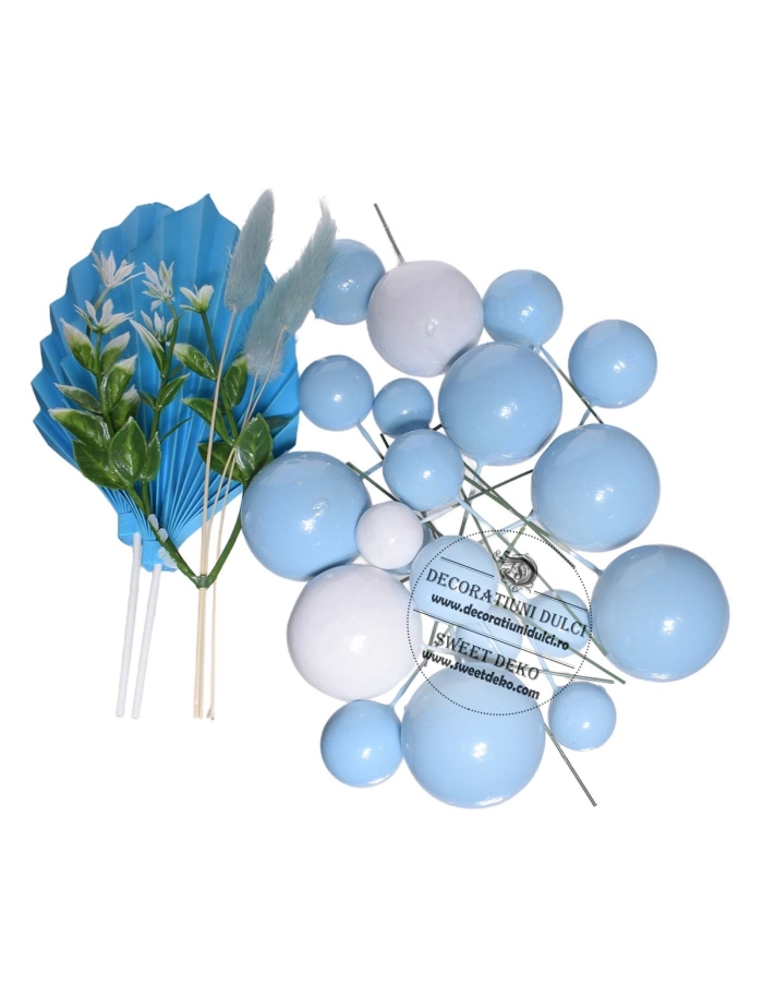 Decor mix sfere alb-albastre si 2 decoratiuni carton