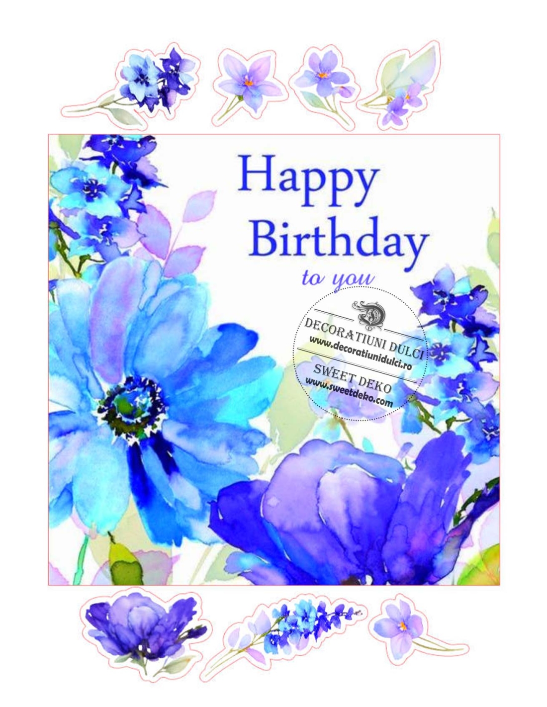 Model tort felicitare flori albastre | Imagine comestibila