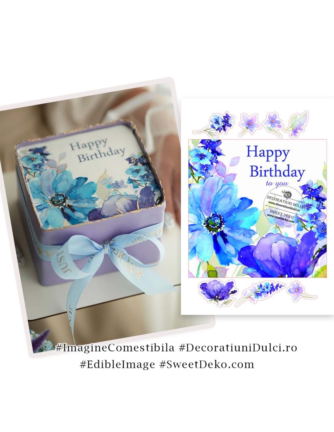 Model tort felicitare flori albastre | Imagine comestibila