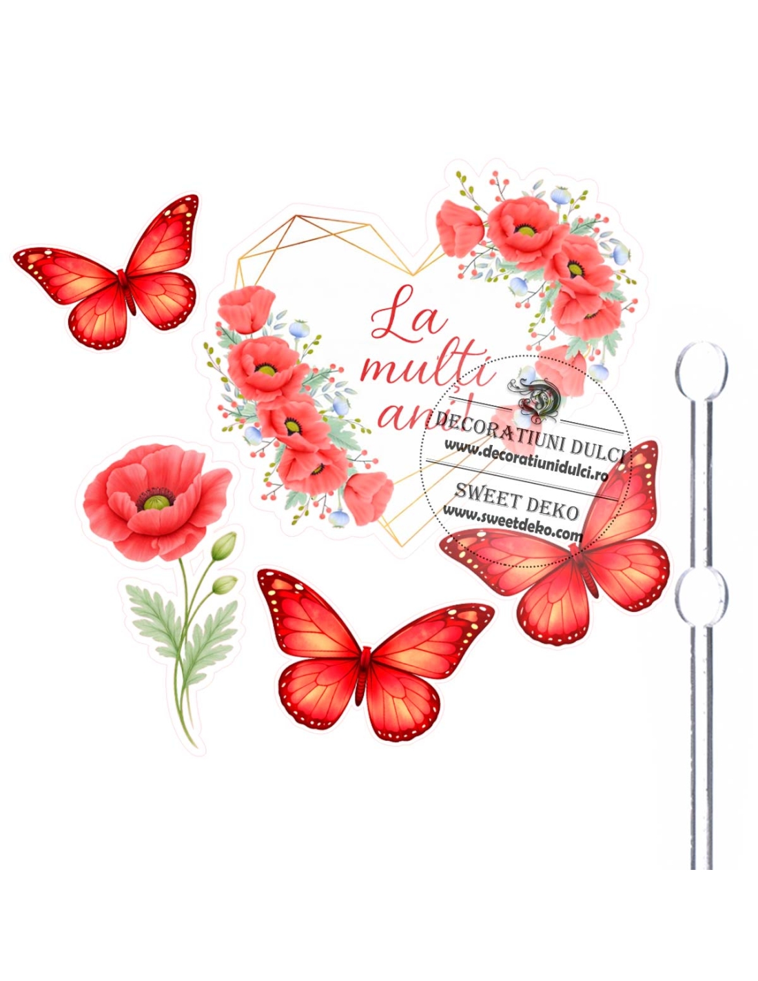 Cake topper din carton La Multi Ani! eticheta cu maci si fluturasi rosii