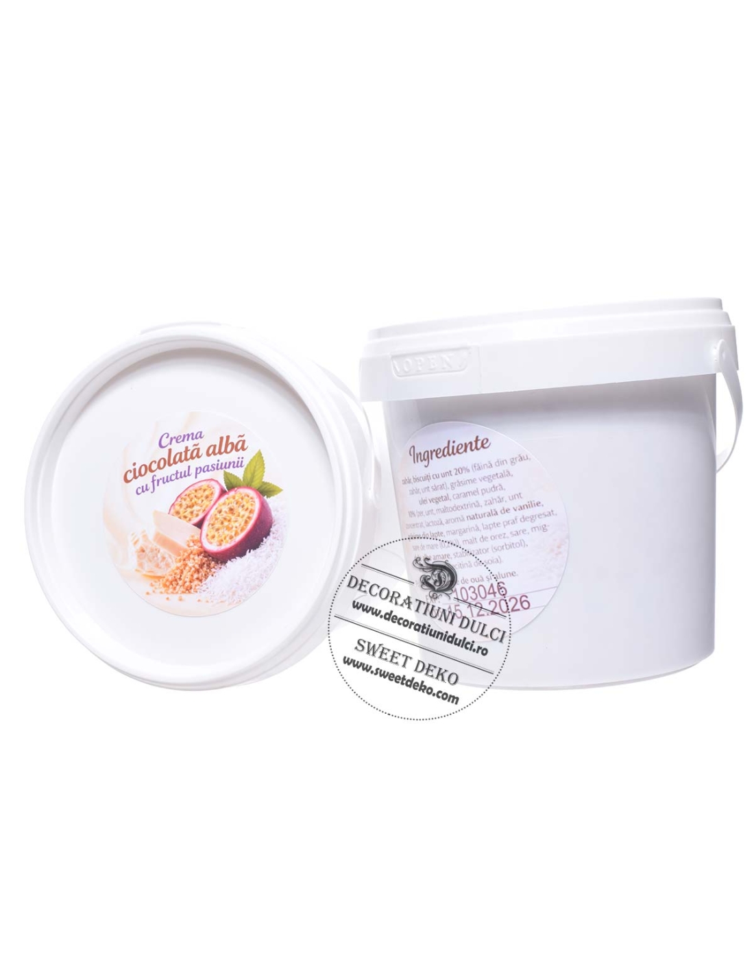 Crema ciocolata alba cu fructul pasiunii si insertii crocante| 500g.