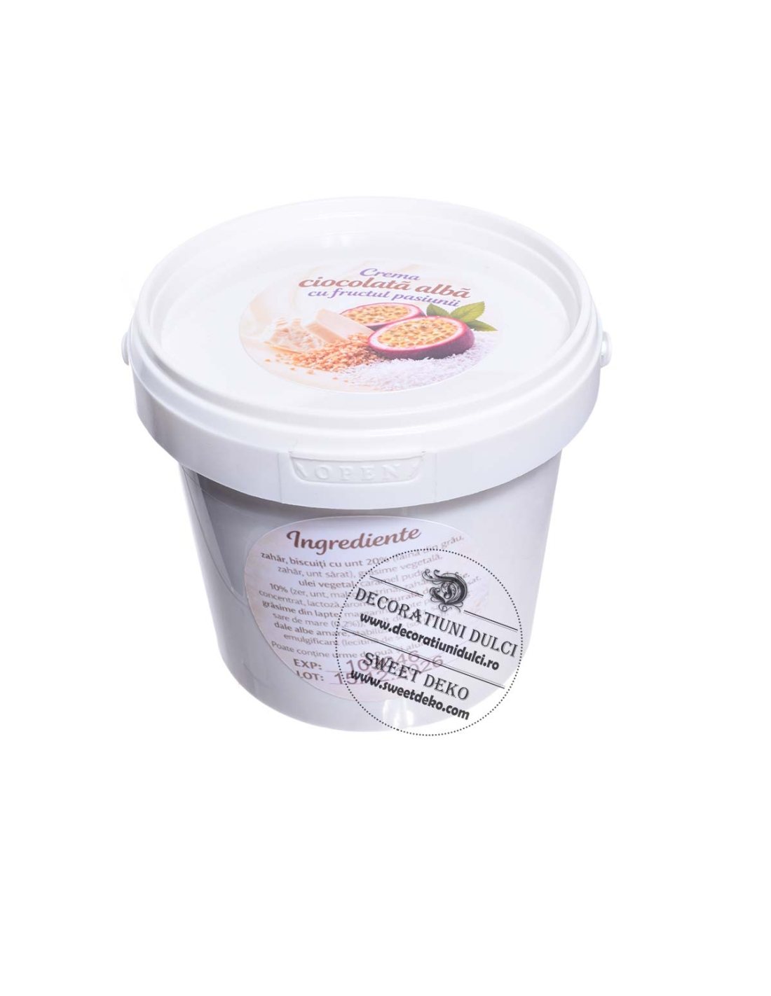 Crema ciocolata alba cu fructul pasiunii si insertii crocante| 500g.