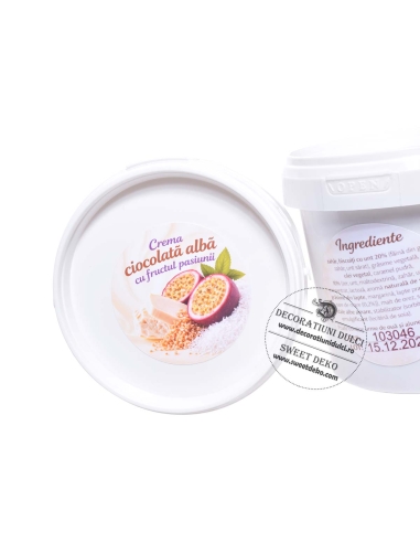 Crema ciocolata alba cu fructul pasiunii si insertii crocante| 500g.