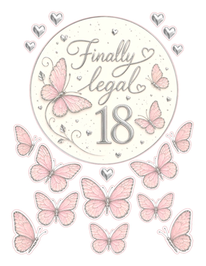 Imagine pentru tort Finally legal 18 si fluturi roz argintii