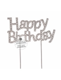Topper argintiu cu strasuri, Happy birthday