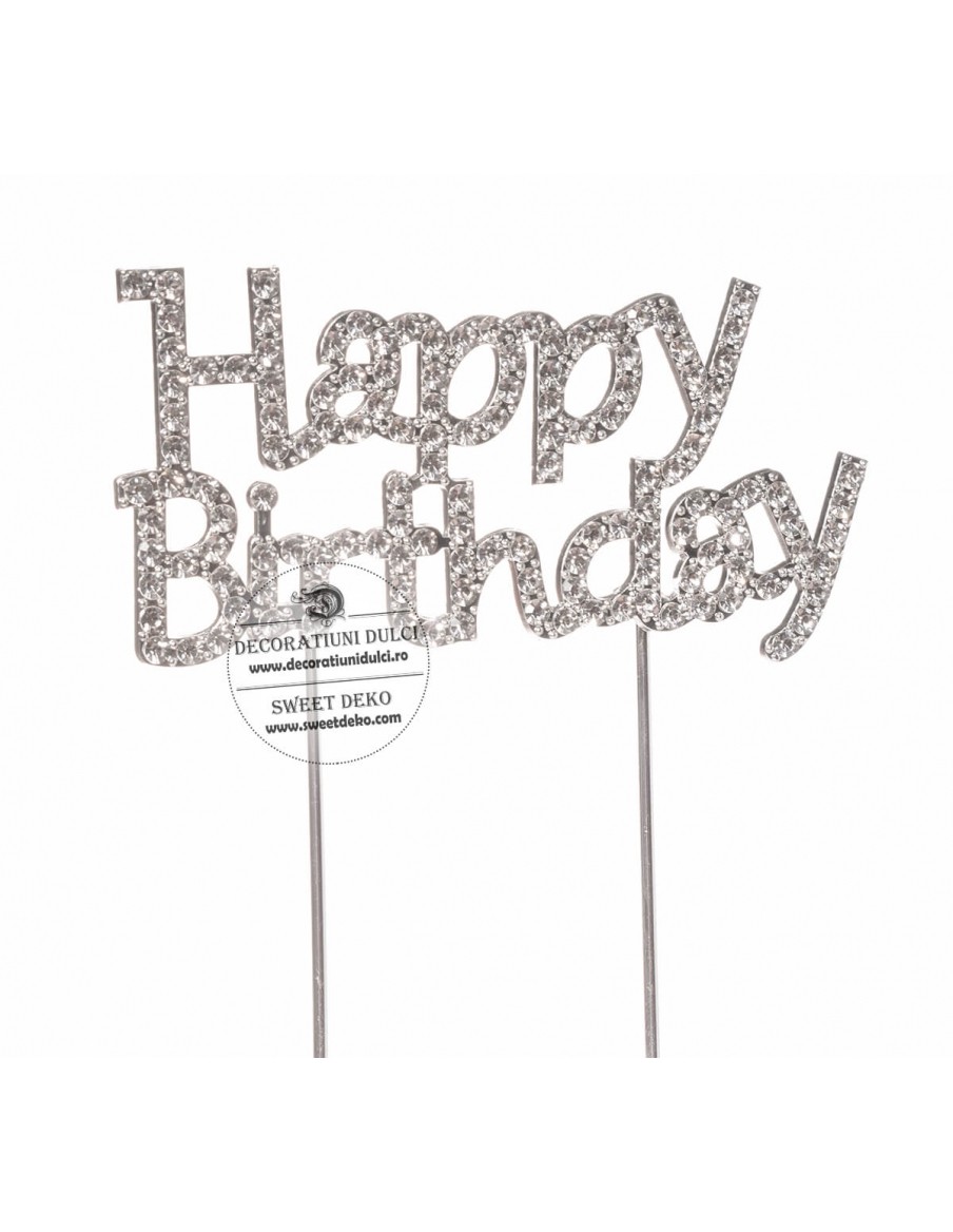 Topper argintiu cu strasuri, Happy birthday